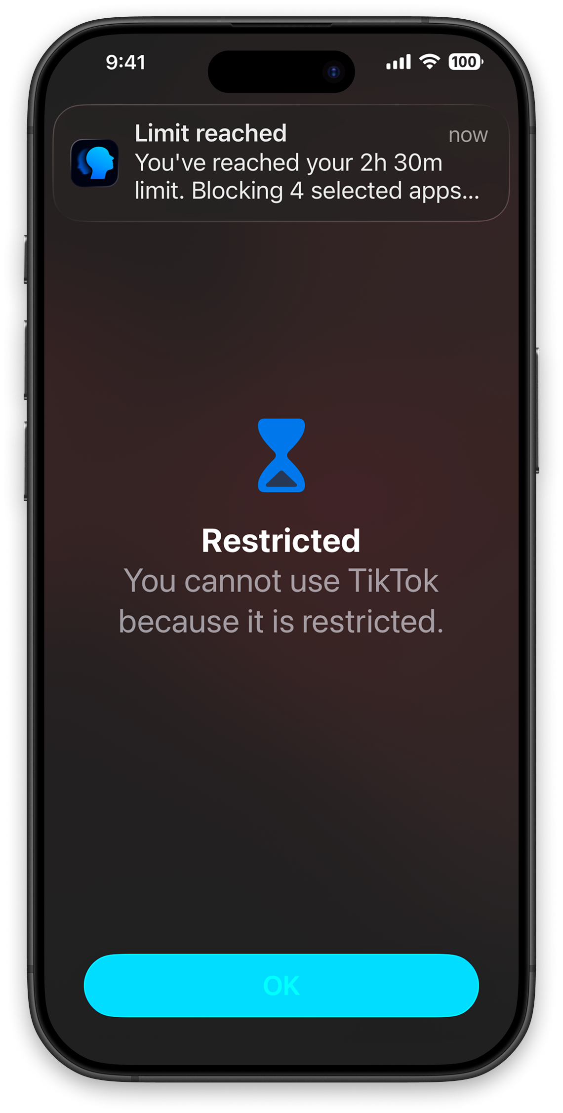 DopaMind app screen showing distracting apps blocked after reaching a screen time limit.