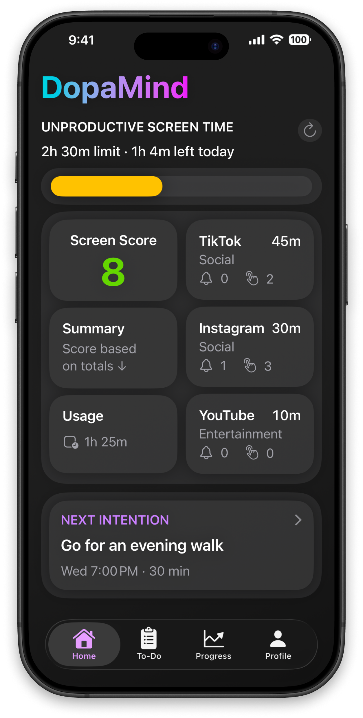 DopaMind app home screen showing the user's smart screen time limit and progress.