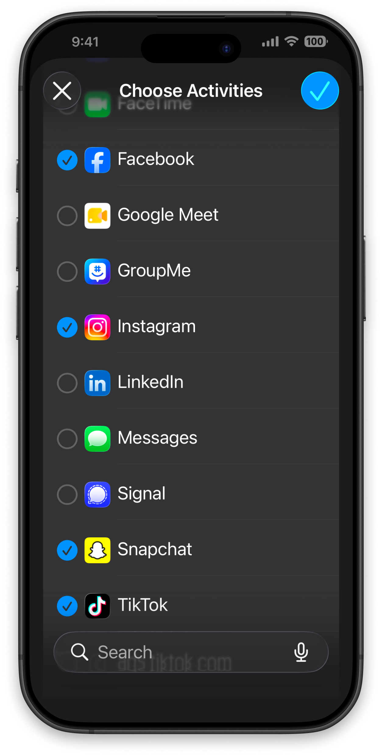 DopaMind app screen for choosing distracting apps to manage.