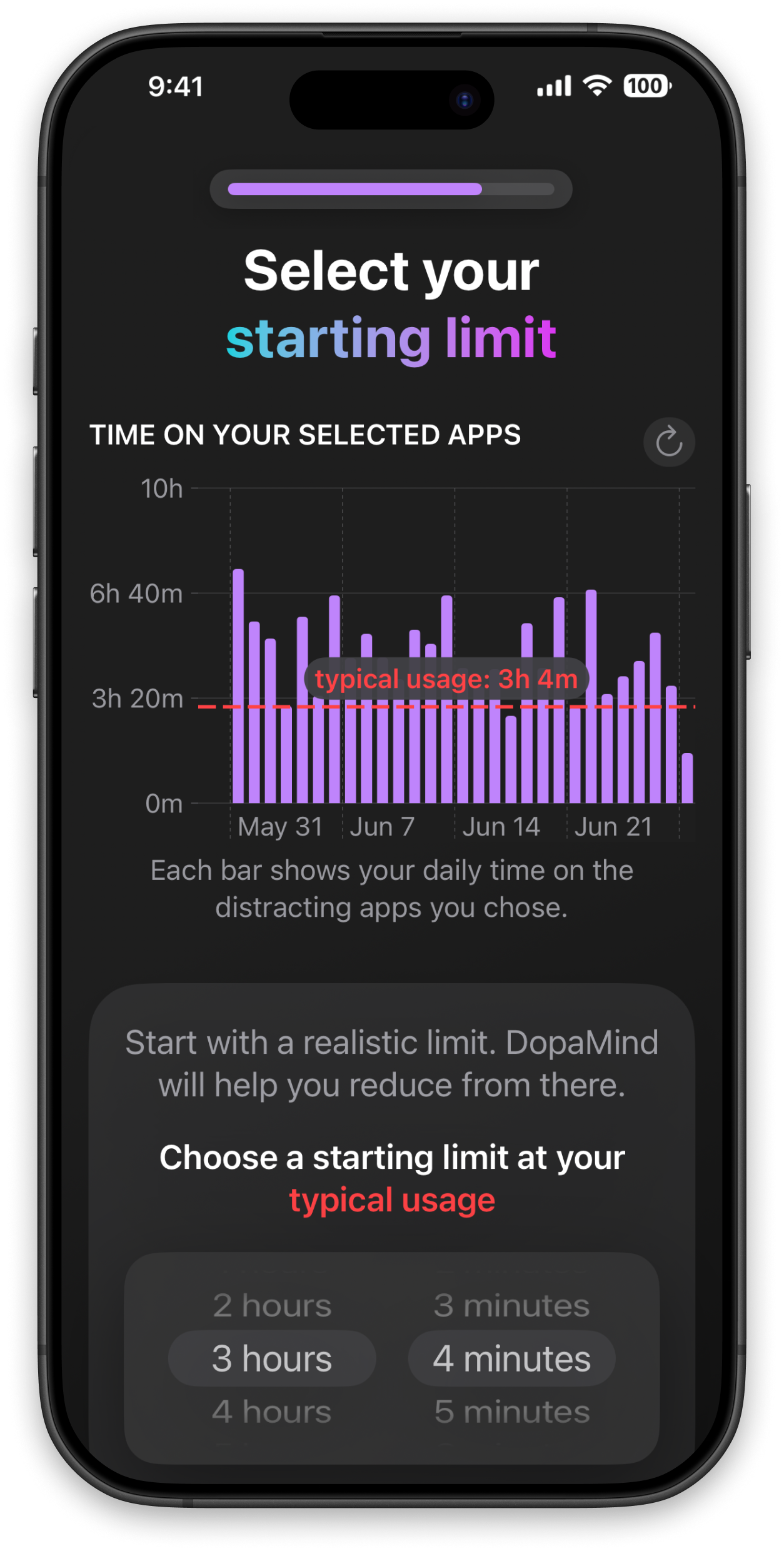 DopaMind app screen for choosing a realistic starting screen time limit.
